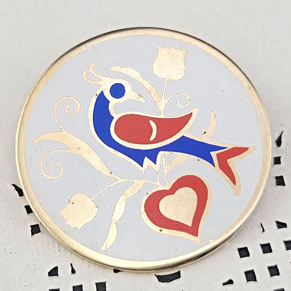 Vintage Red White Blue Phoenix Bird Heart Brooch Pin 1 7/8"